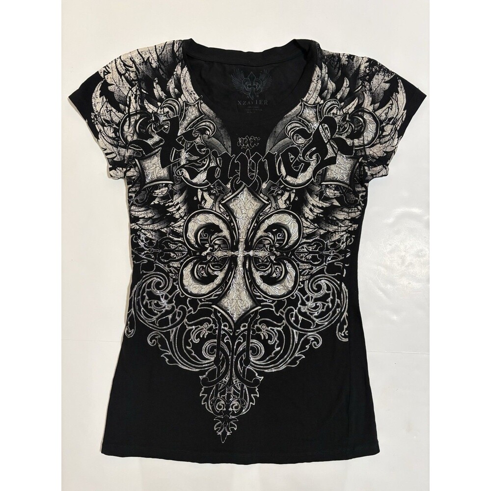 Xzavier Retribution Womens Large Black Graphic T Shirt Cross Angel Wings Goth